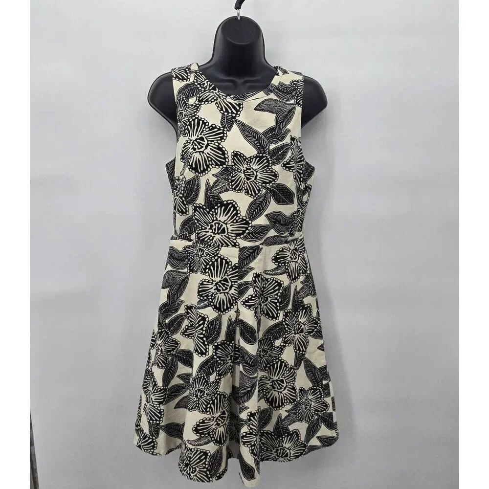 J. Crew Dress Size 8 Black White Floral Sleeveless Keyhole Back